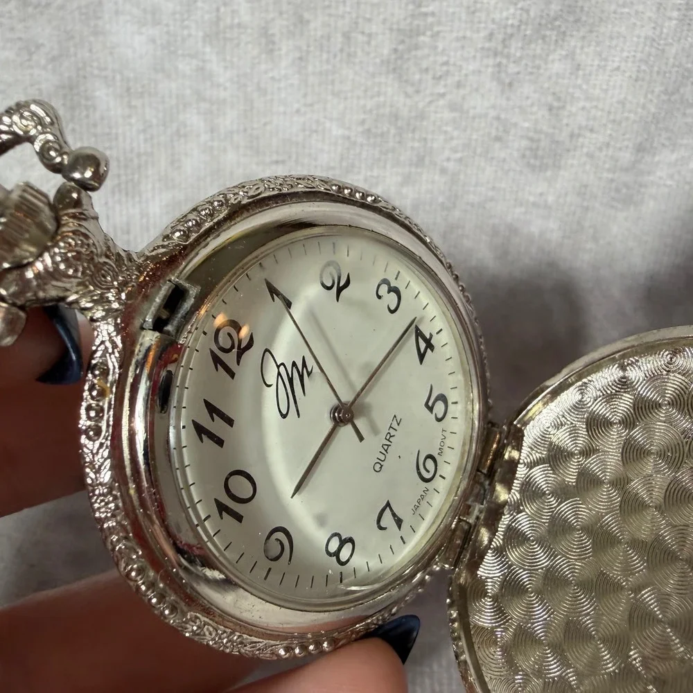 Vtg Pocket Watch Quartz Silver Tone Hunter Case Ornate Floral Japan Movt WORKING